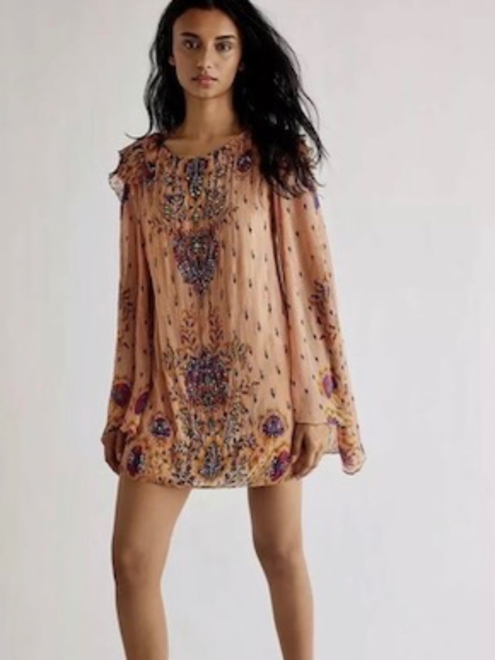 Free People Full Moon Frock Mini Dress Boho Bell Sleeve Floral